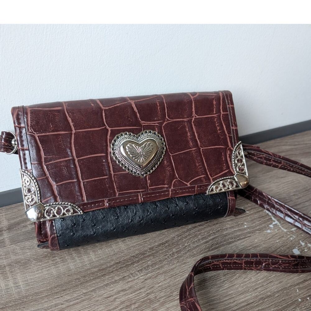 Brown Western Faux Croc Crossbody Bag Silver Heart Concho Retro Indie Cowgirl